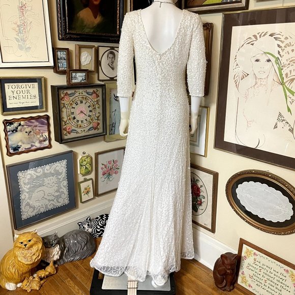 NWT Adrianna Papell White 3/4 Sleeve Scoop Back Sequin Gown Formal Maxi Size 8 - Picture 3 of 10